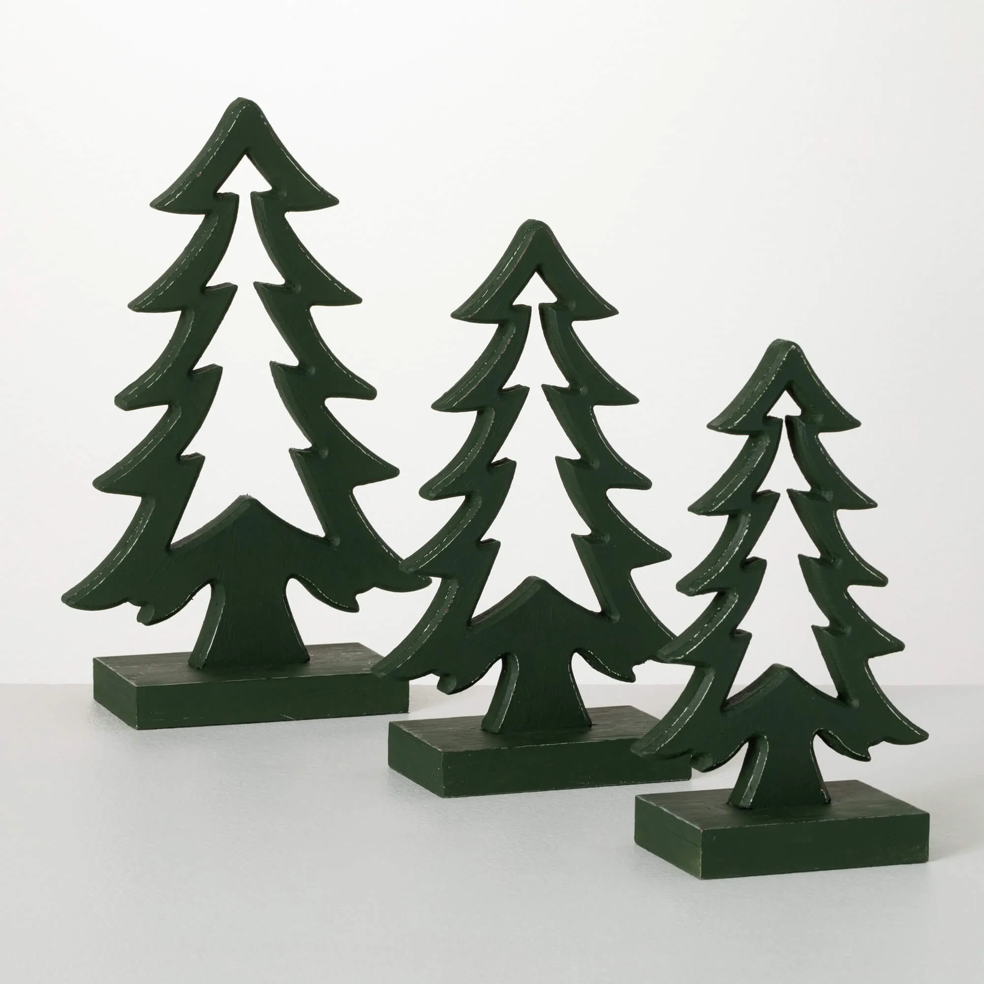 10"H, 11.75"H and 13.75"H Sullivans Wooden Tree - Set of 3, Christmas Decor, Green