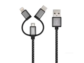 3sixT BLACK Cable - USB-A to Lightning/MicroUSB/USB-C - 1m