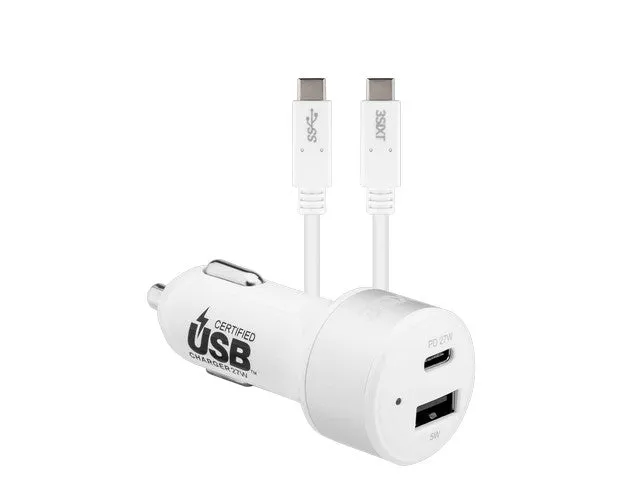 3sixT Car Charger 27W USB-C PD   USB-C/C Cable 1m - White