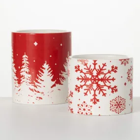 7"H and 5"H Sullivans Pine and Snowflake Planter - Set of 2, Red