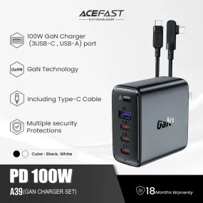 ACEFAST A39 PD100W GAN (3*USB-C USB-A) CHARGER SET WITH TYPE-C TO TYPE-C - WHITE