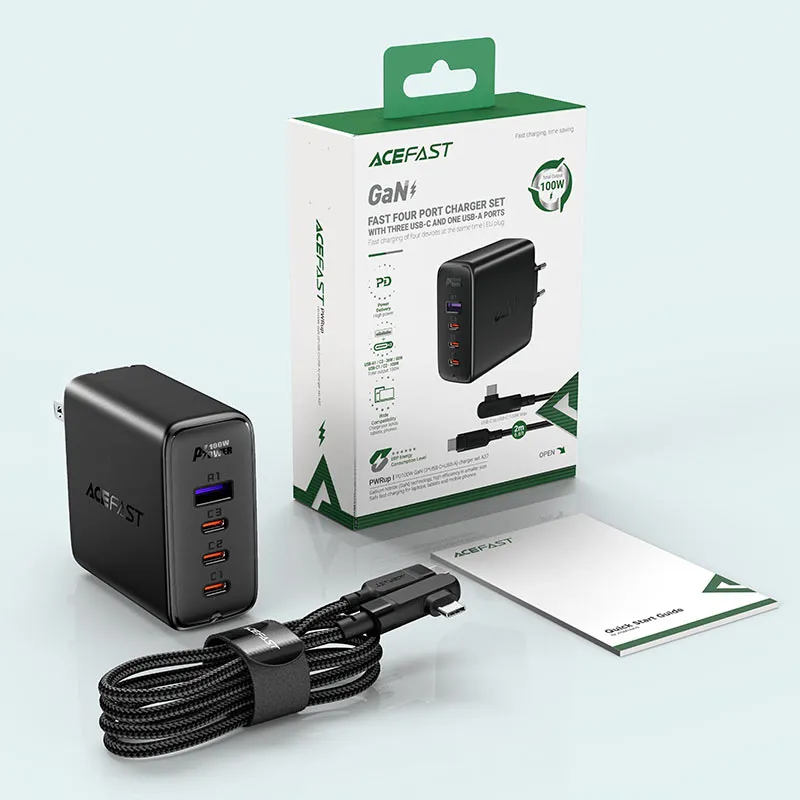 ACEFAST A39 PD100W GAN (3*USB-C USB-A) CHARGER SET WITH TYPE-C TO TYPE-C - WHITE