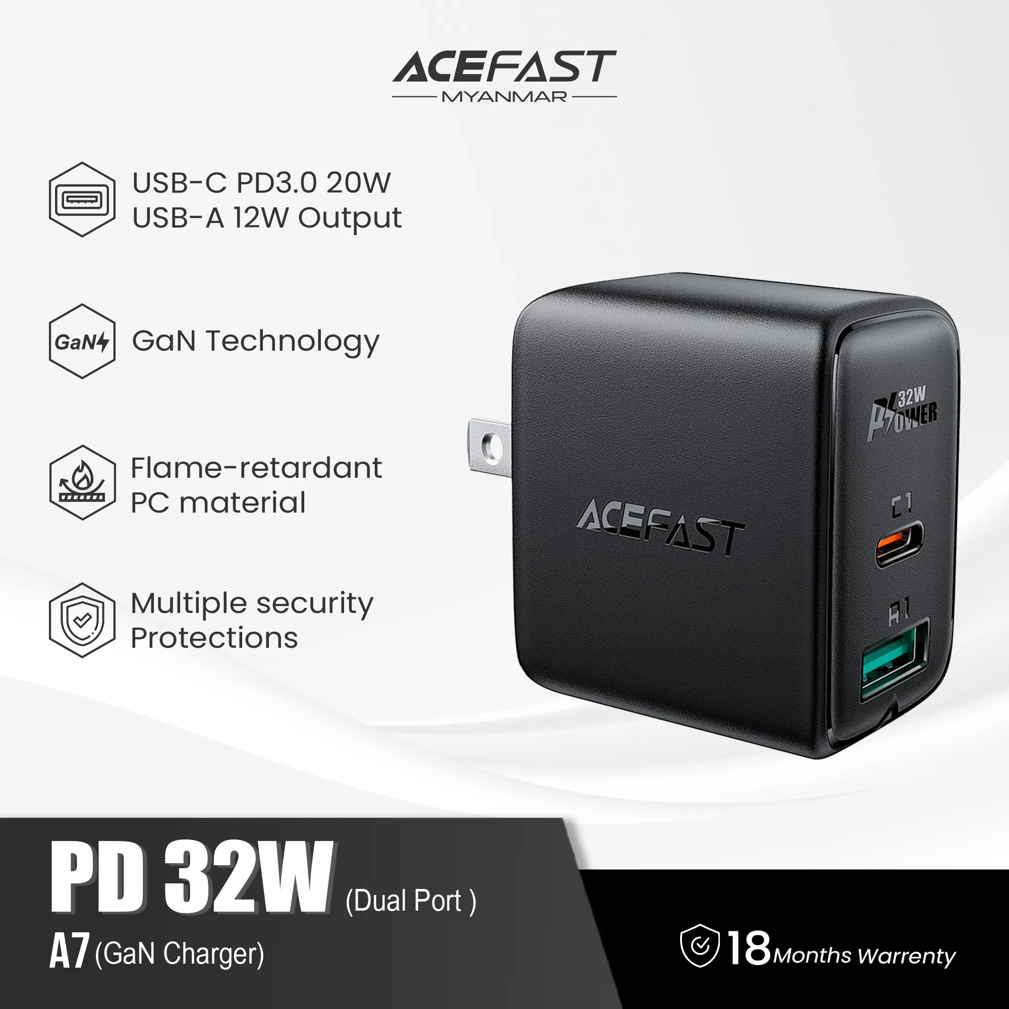 ACEFAST A7 PD 32W (USB-C USB-A) DUAL PORT CHARGER - BLACK