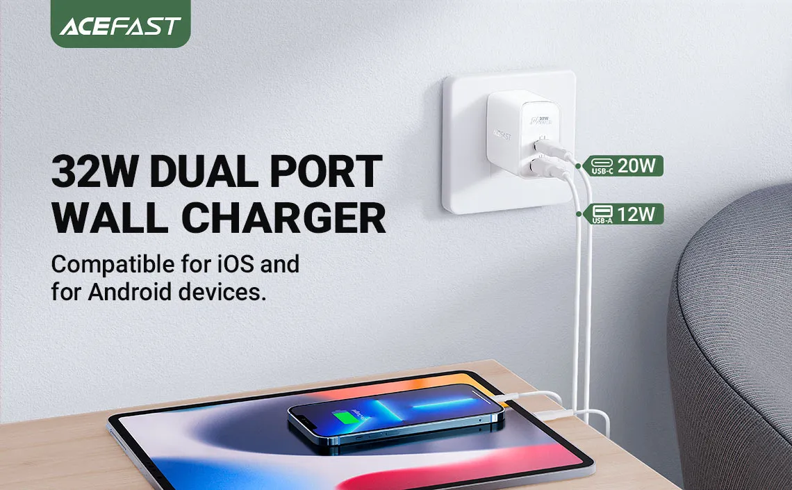 ACEFAST A7 PD 32W (USB-C USB-A) DUAL PORT CHARGER - BLACK