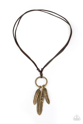 Bird Watcher Brown and Brass Feather Urban Necklace - Paparazzi Accessories