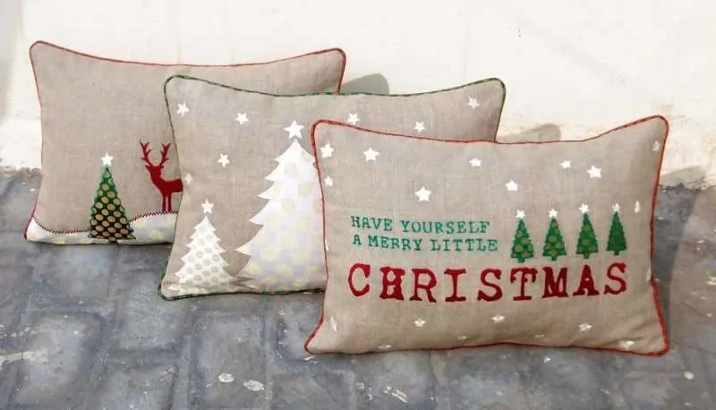 Christmas linen pillow cover, christmas trees, Indian brocade applique, embroidered pillow size 14"X 21"