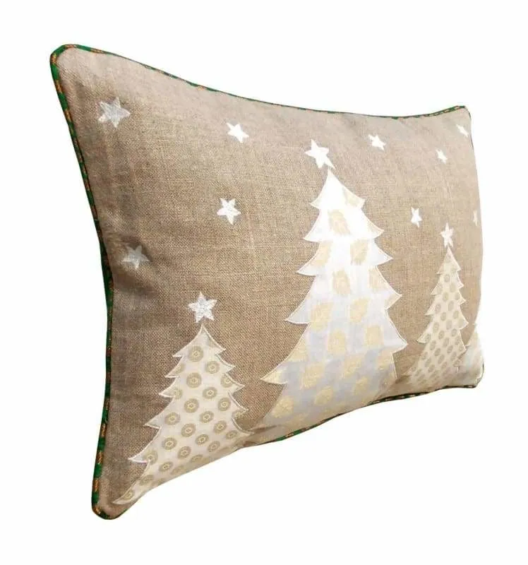 Christmas linen pillow cover, christmas trees, Indian brocade applique, embroidered pillow size 14"X 21"