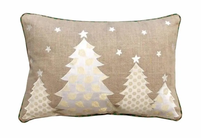 Christmas linen pillow cover, christmas trees, Indian brocade applique, embroidered pillow size 14"X 21"