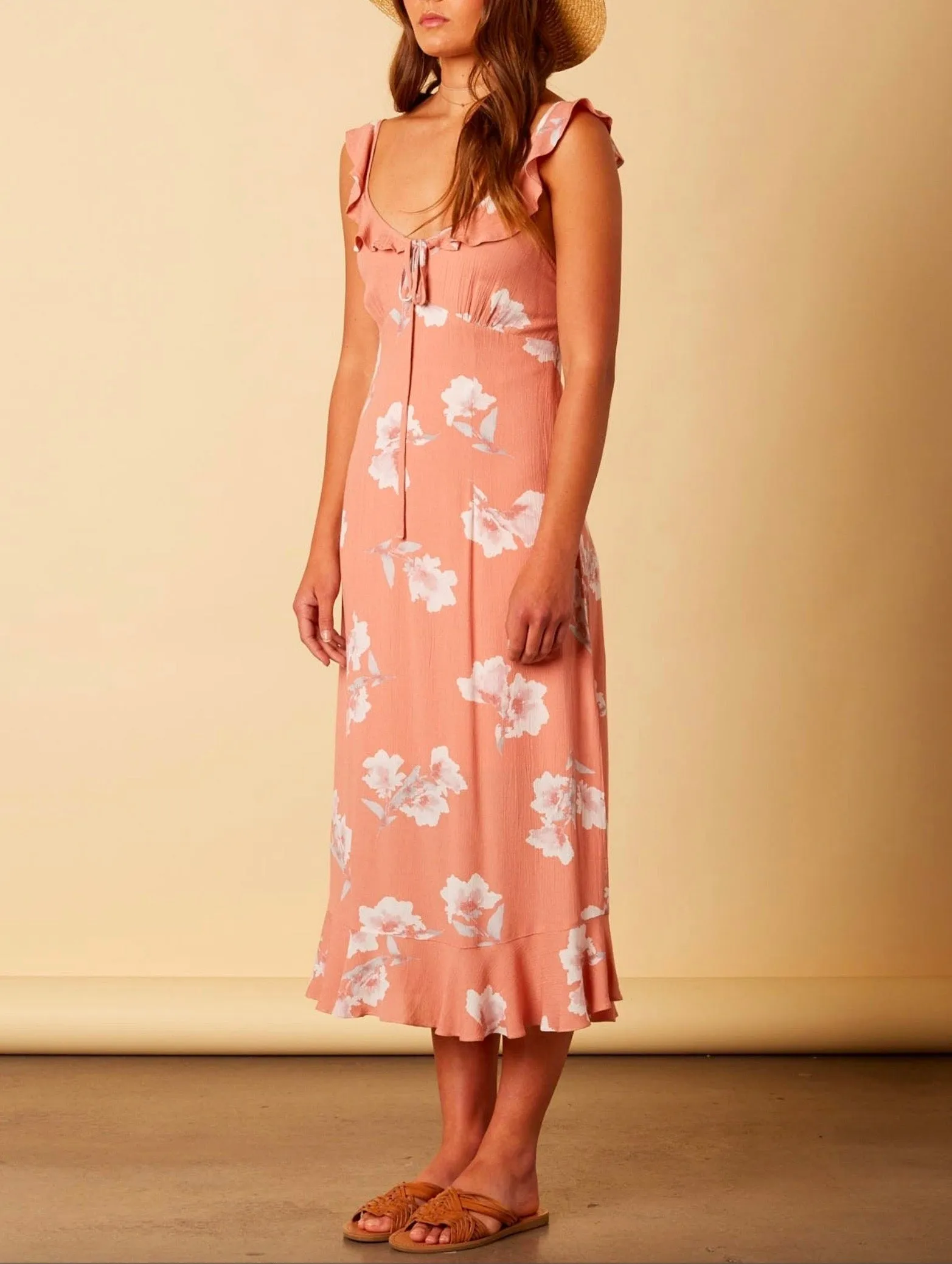 Cotton Candy LA - Forever Young Floral Midi Maxi Dress in Mauve/Peach