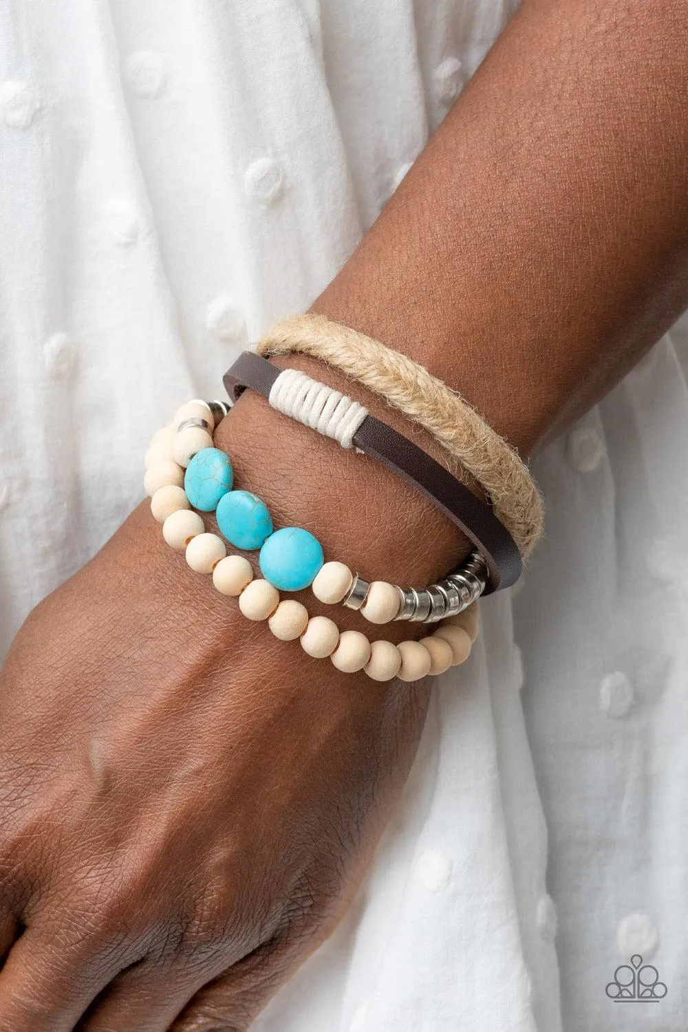 DRIFTER Away Turquoise Blue Stone & White Wood Urban Bracelet - Paparazzi Accessories