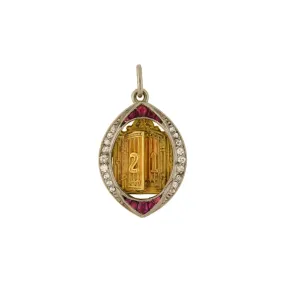 Edwardian Platinum/14kt Ruby   Diamond "21" Golden Door Charm Pendant