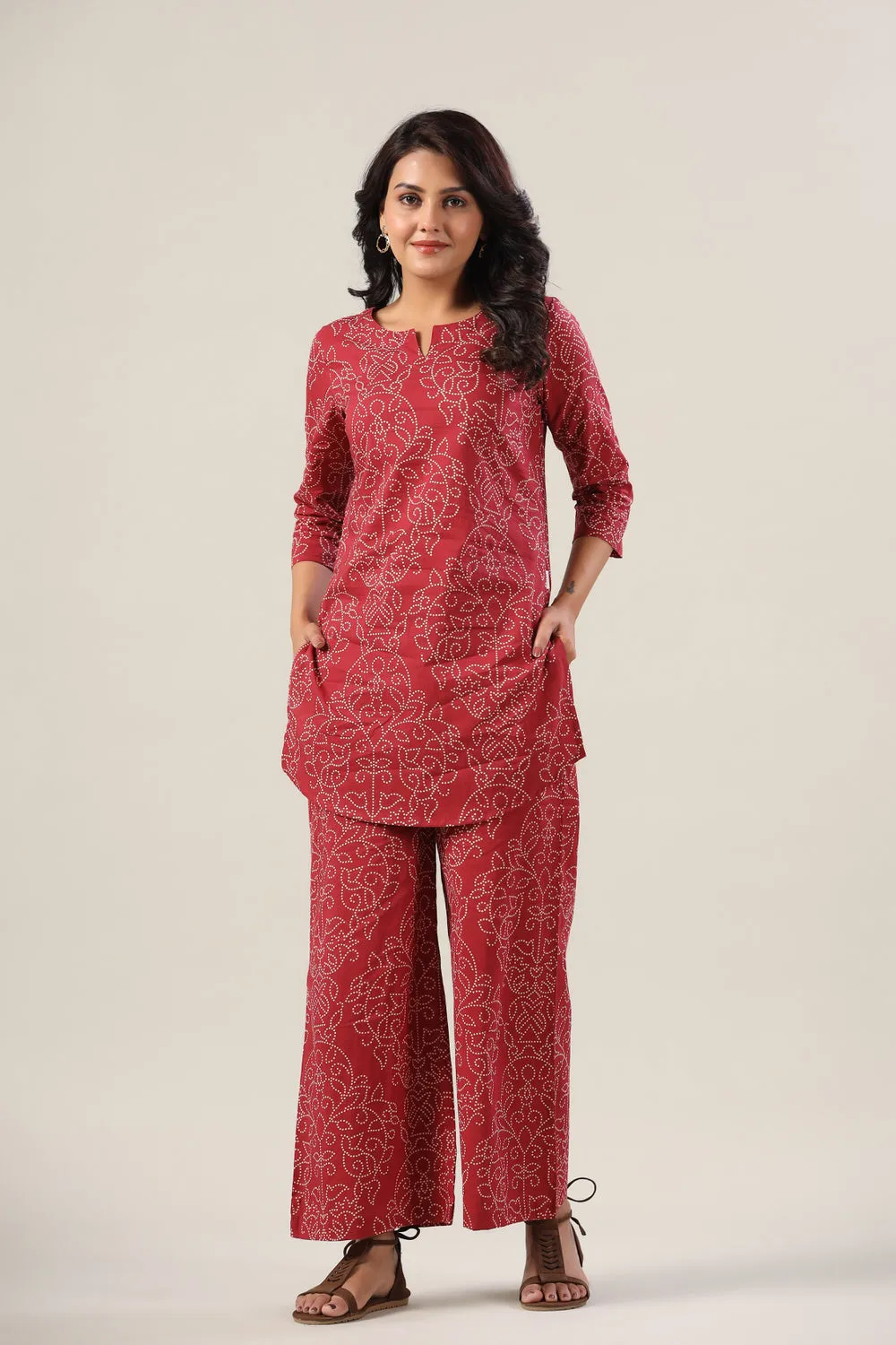 Floral Bhandej Dots on Maroon Cotton Palazzo Co-ord Set