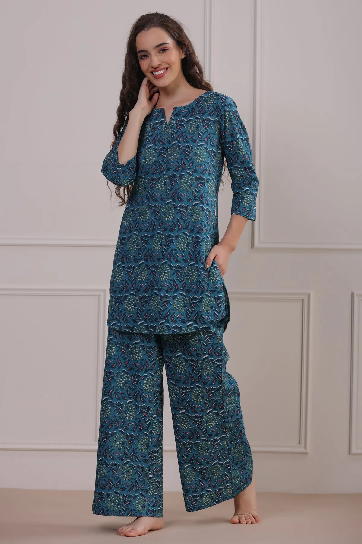 Gardenia On Blue Cotton Loungewear Set