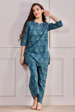 Gardenia On Blue Cotton Loungewear Set