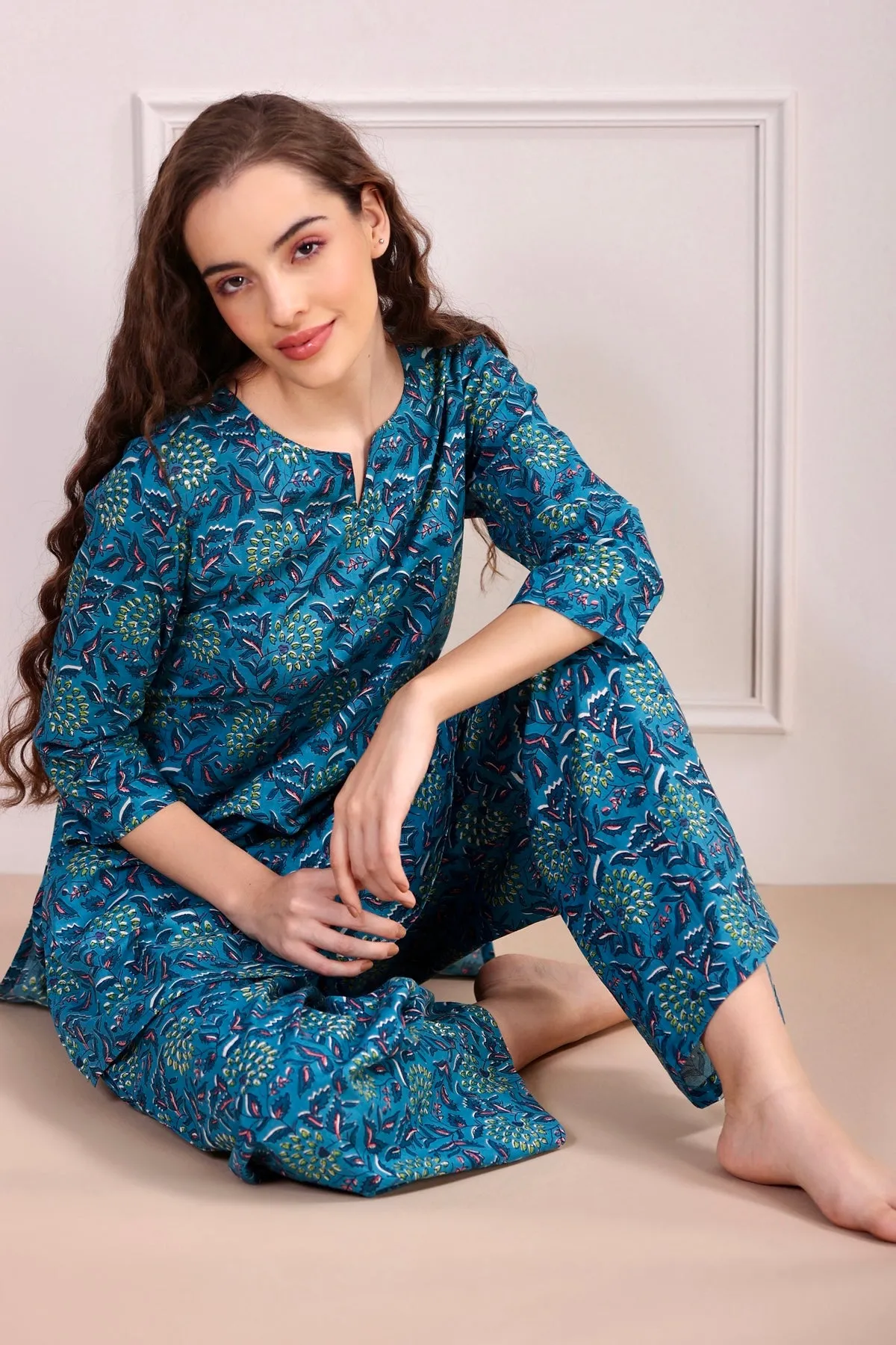 Gardenia On Blue Cotton Loungewear Set