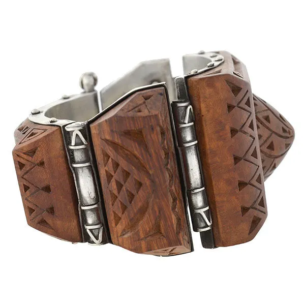 H. KLEISS Art Deco Sterling & Carved Wood Bracelet