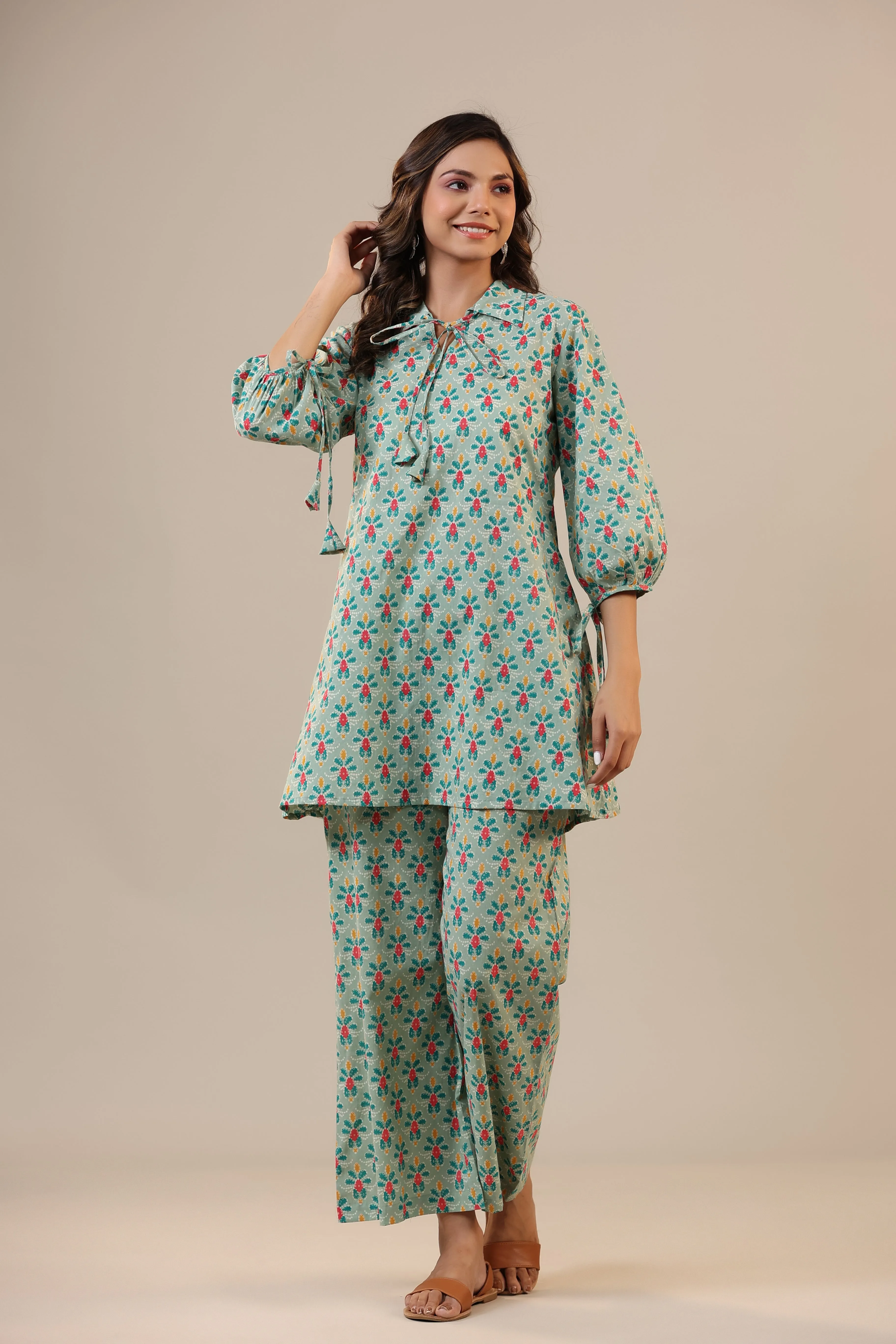 Ikat Checkered Florals on Cotton Collared Loungewear Set