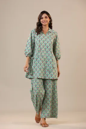 Ikat Checkered Florals on Cotton Collared Loungewear Set