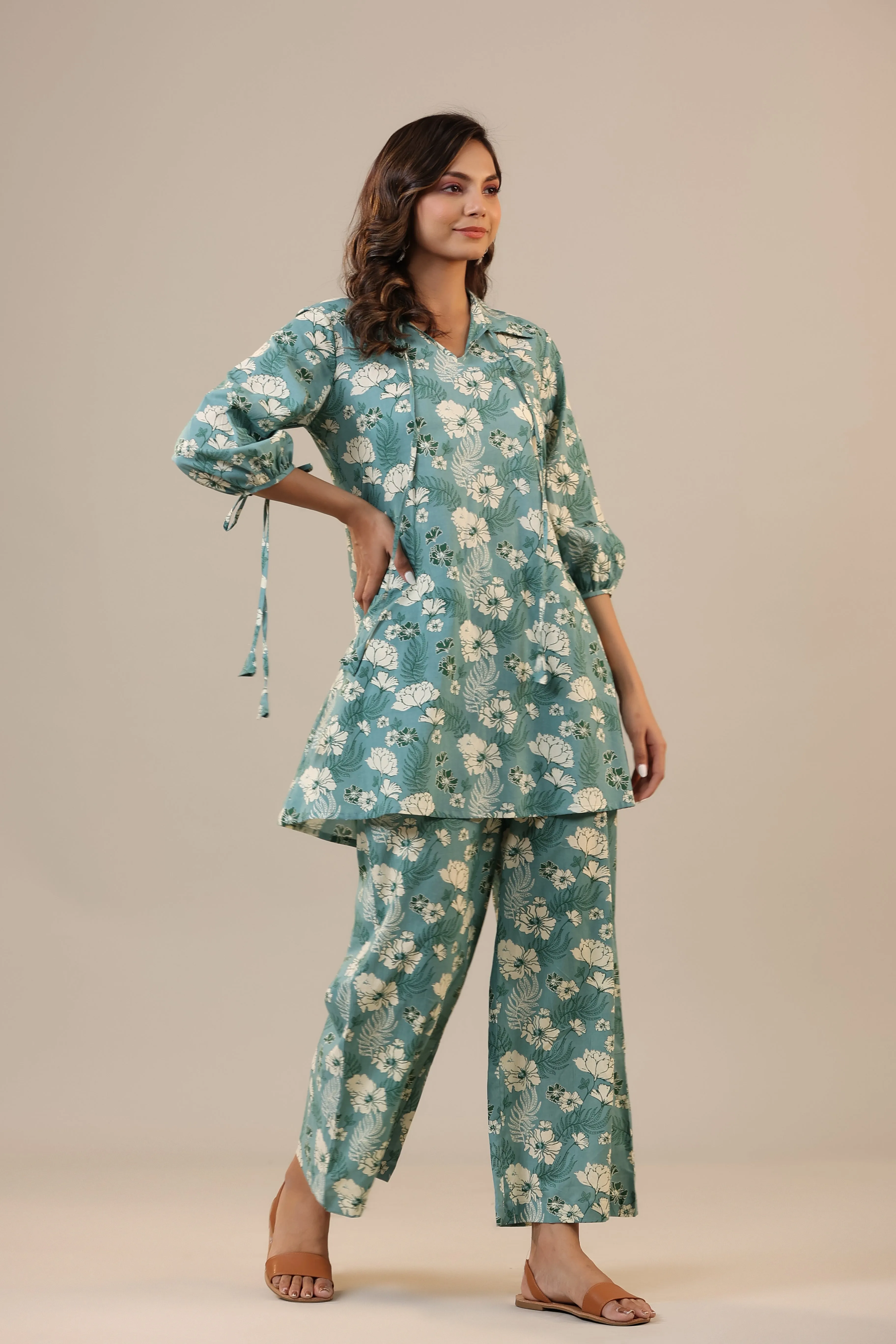 Jasmine on light Blue Cotton Collared Loungewear Set