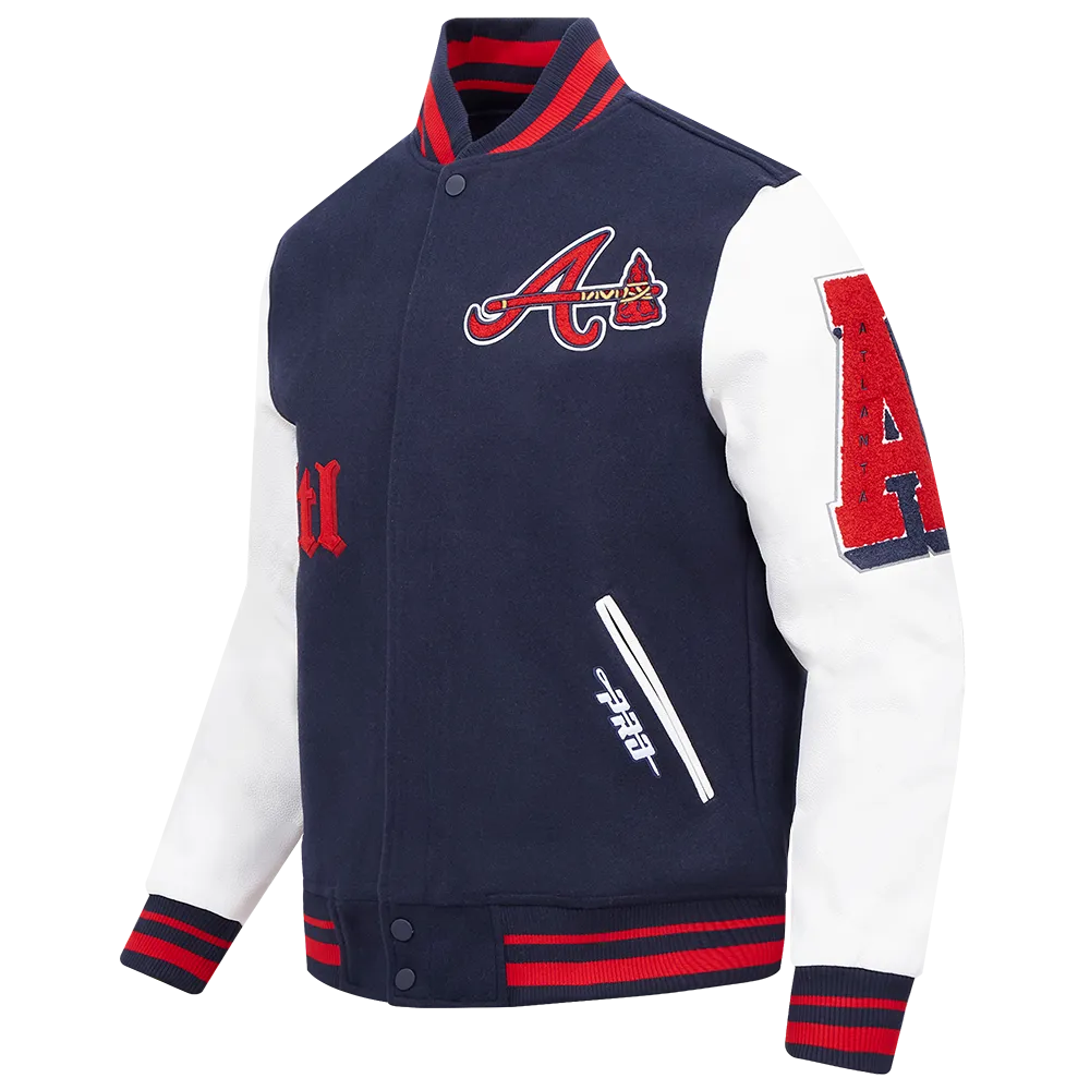 MLB ATLANTA BRAVES OLD ENGLISH MEN'S RIB WOOL VARSITY JACKET (MIDNIGHT NAVY/RED/MIDNIGHT NAVY)