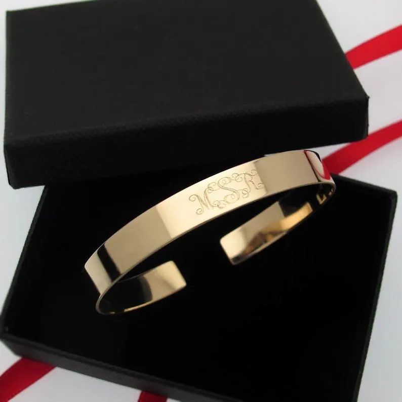 Old English Initials Engraved Gold Bracelet