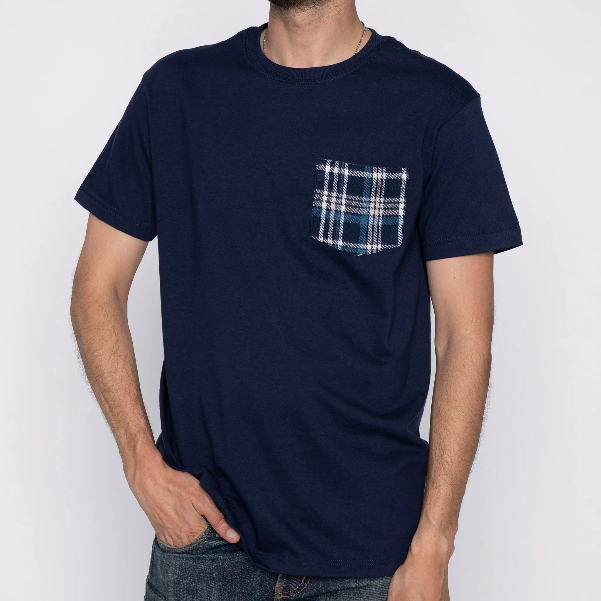 Pocket Tee - Navy   Triple Yarn Twill Check Brush - Navy