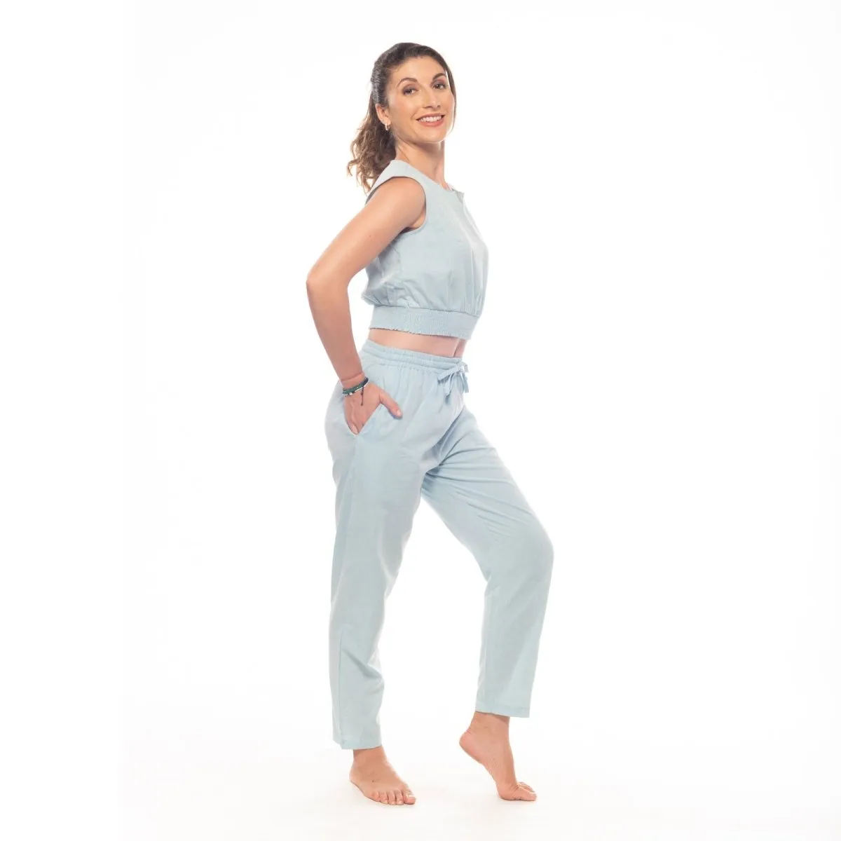 Sky-Blue Handwoven Cotton Yoga Pants | Athleisure Pull-On Pant for Women