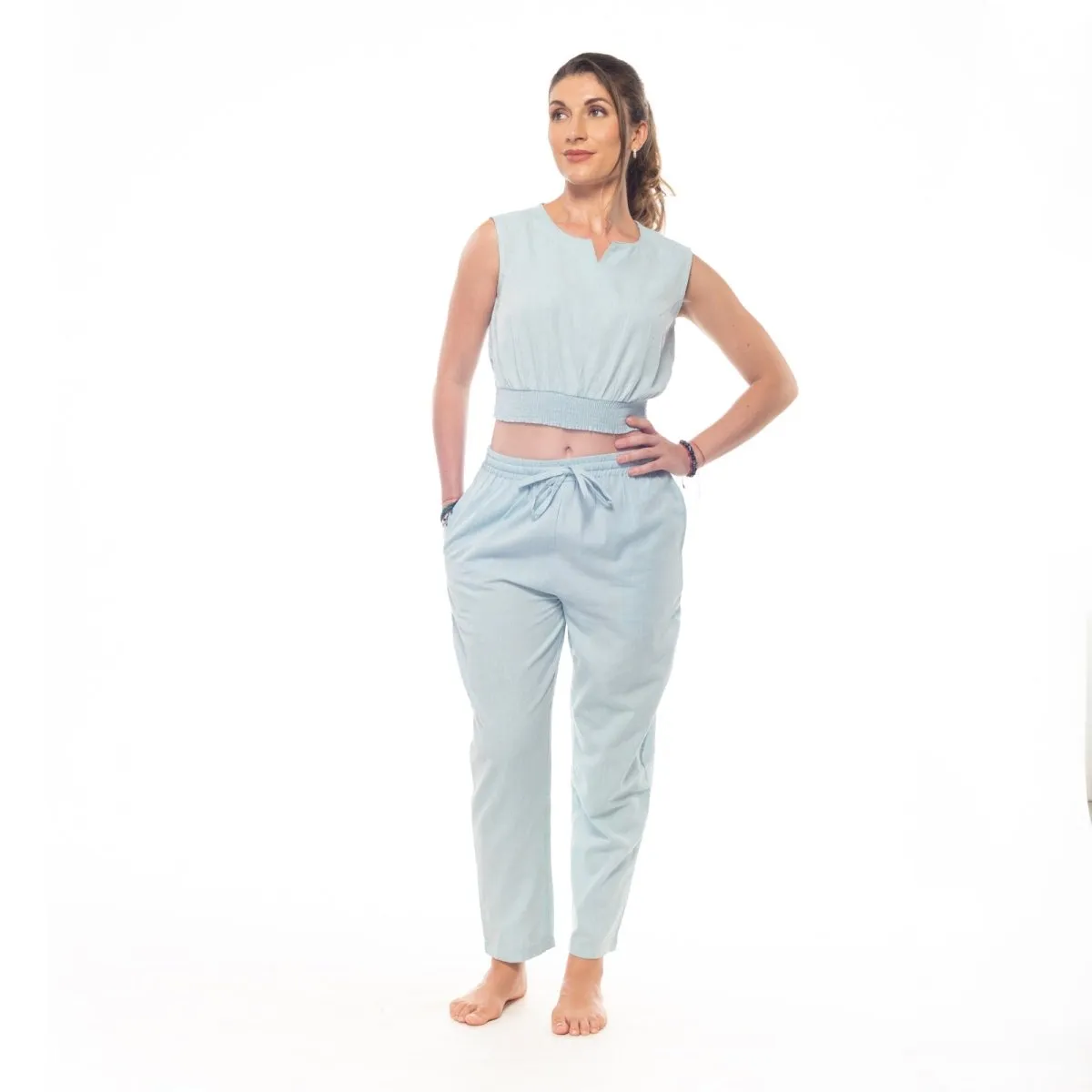 Sky-Blue Handwoven Cotton Yoga Pants | Athleisure Pull-On Pant for Women