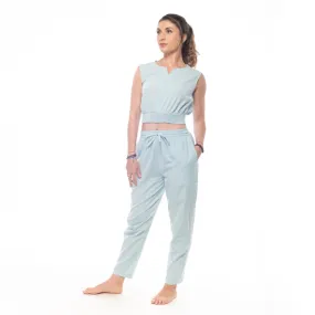 Sky-Blue Handwoven Cotton Yoga Pants | Athleisure Pull-On Pant for Women