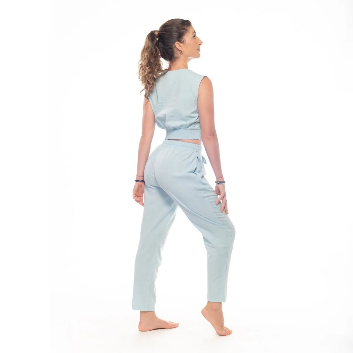 Sky-Blue Handwoven Cotton Yoga Pants | Athleisure Pull-On Pant for Women