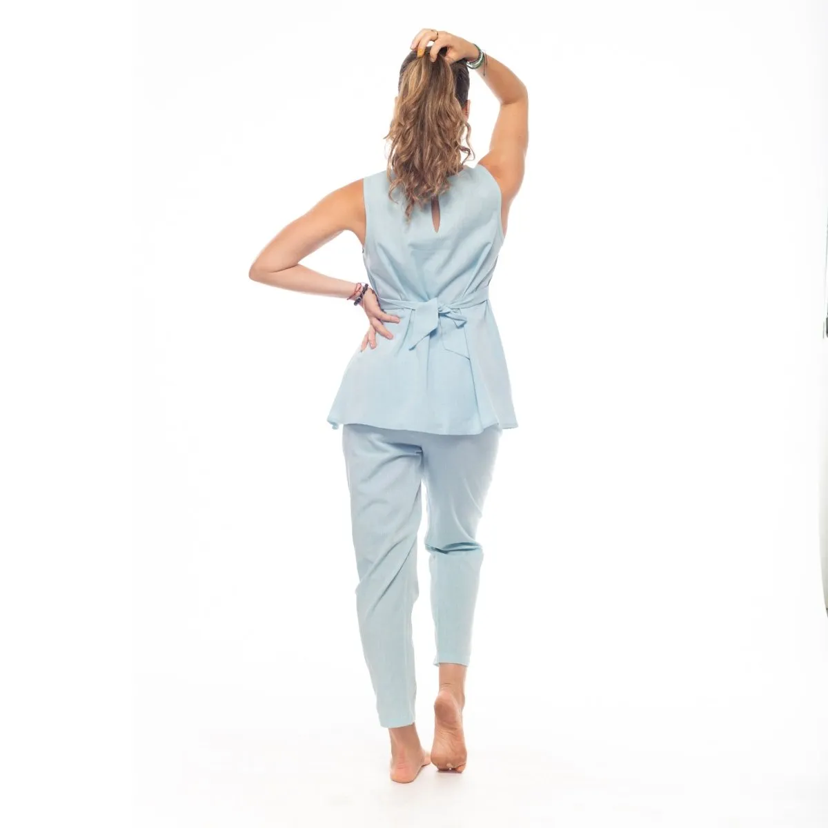 Sky-Blue Handwoven Cotton Yoga Pants | Athleisure Pull-On Pant for Women