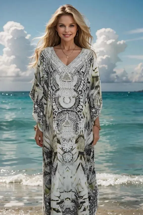 Tahiti Long Silk Embellished Kaftan by Fashion Spectrum